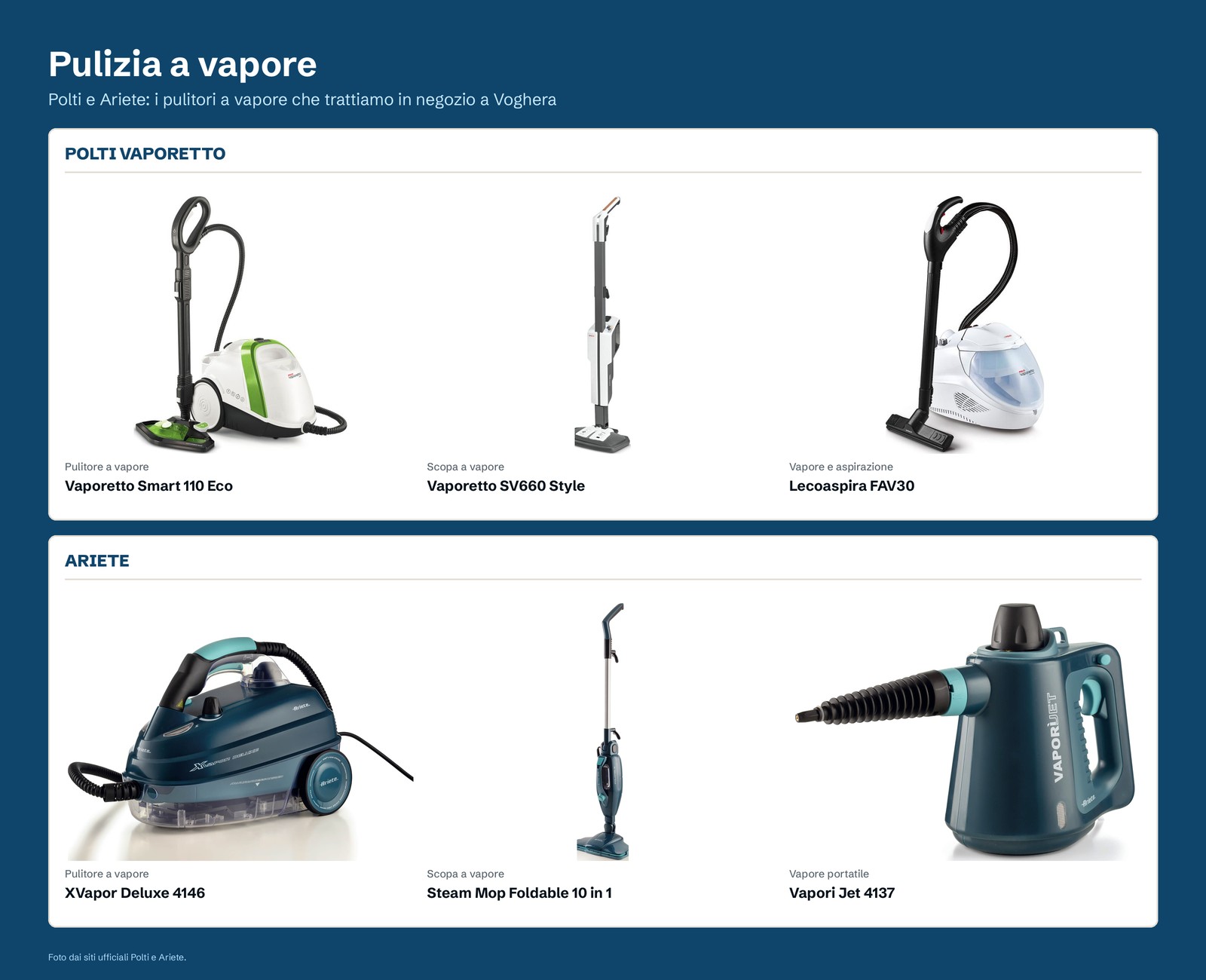Pulizia a vapore Polti e Ariete: Vaporetto Smart 110 Eco, SV660 Style, Lecoaspira FAV30, XVapor Deluxe 4146, Steam Mop Foldable 10 in 1 e Vapori Jet 4137